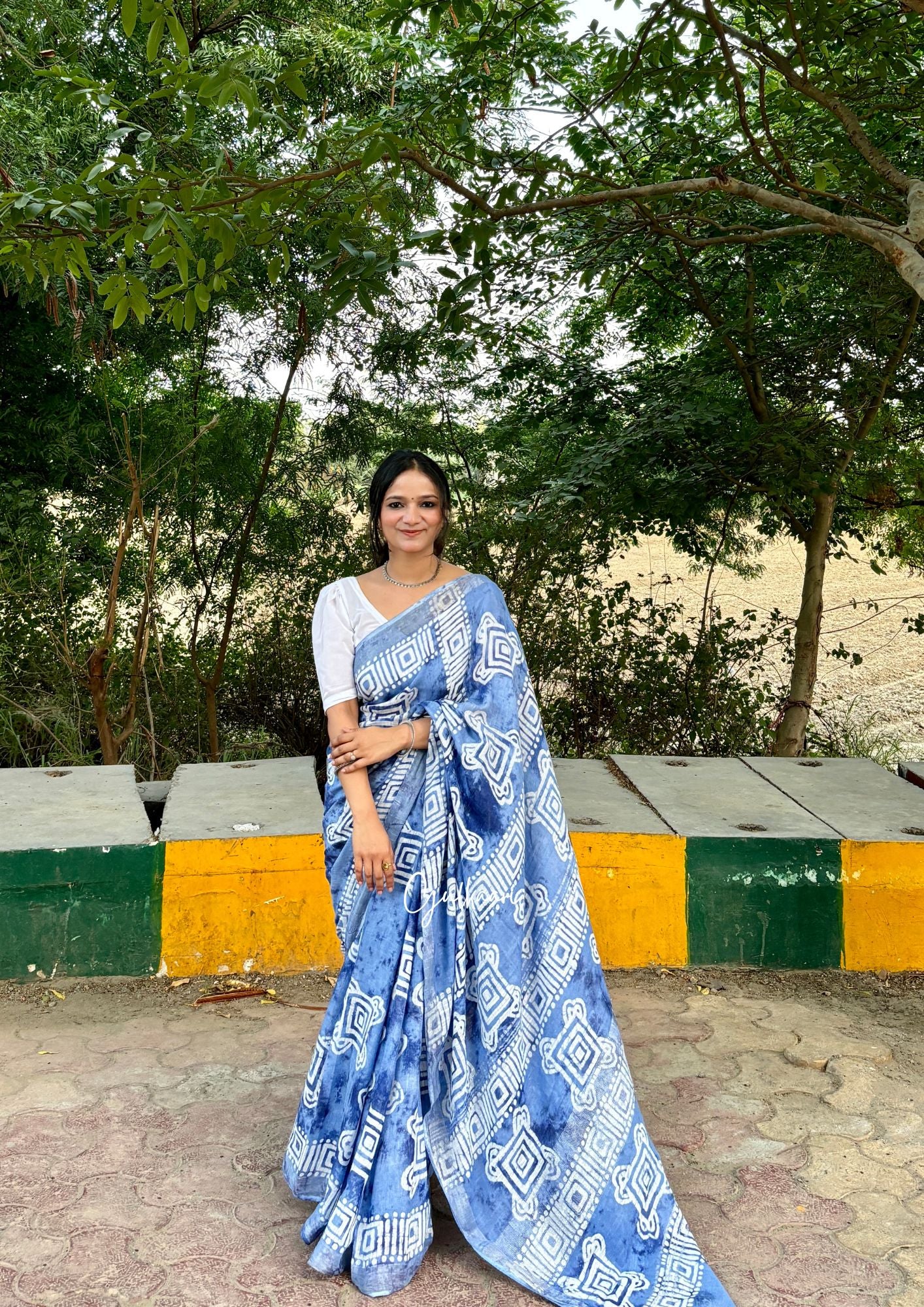 The Powder Blue Flower - Cotton-Linen Hand-Block Print Saree