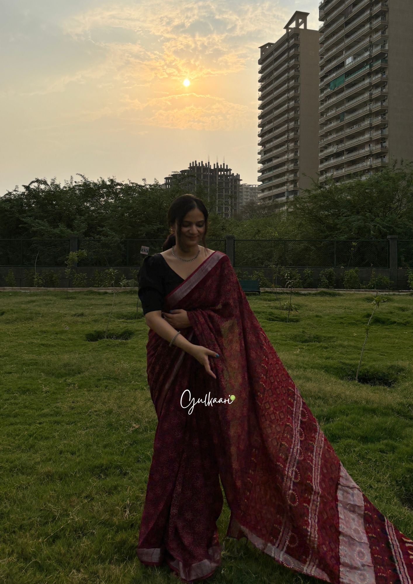 The Maroon Magic - Cotton-Linen Hand-Block Print Saree