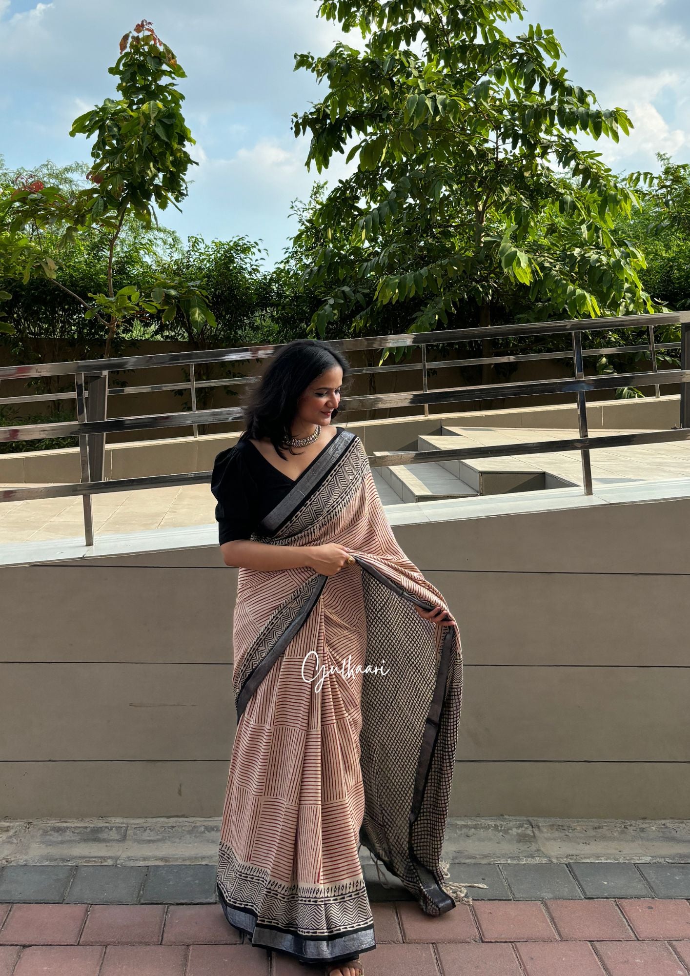 The Maroon & Beige Hues - Cotton-Linen Hand-Block Print Saree