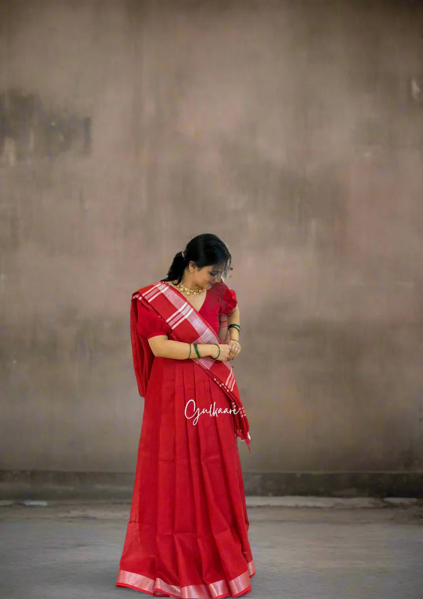 The Red - Cotton-Linen Saree With Zari Border