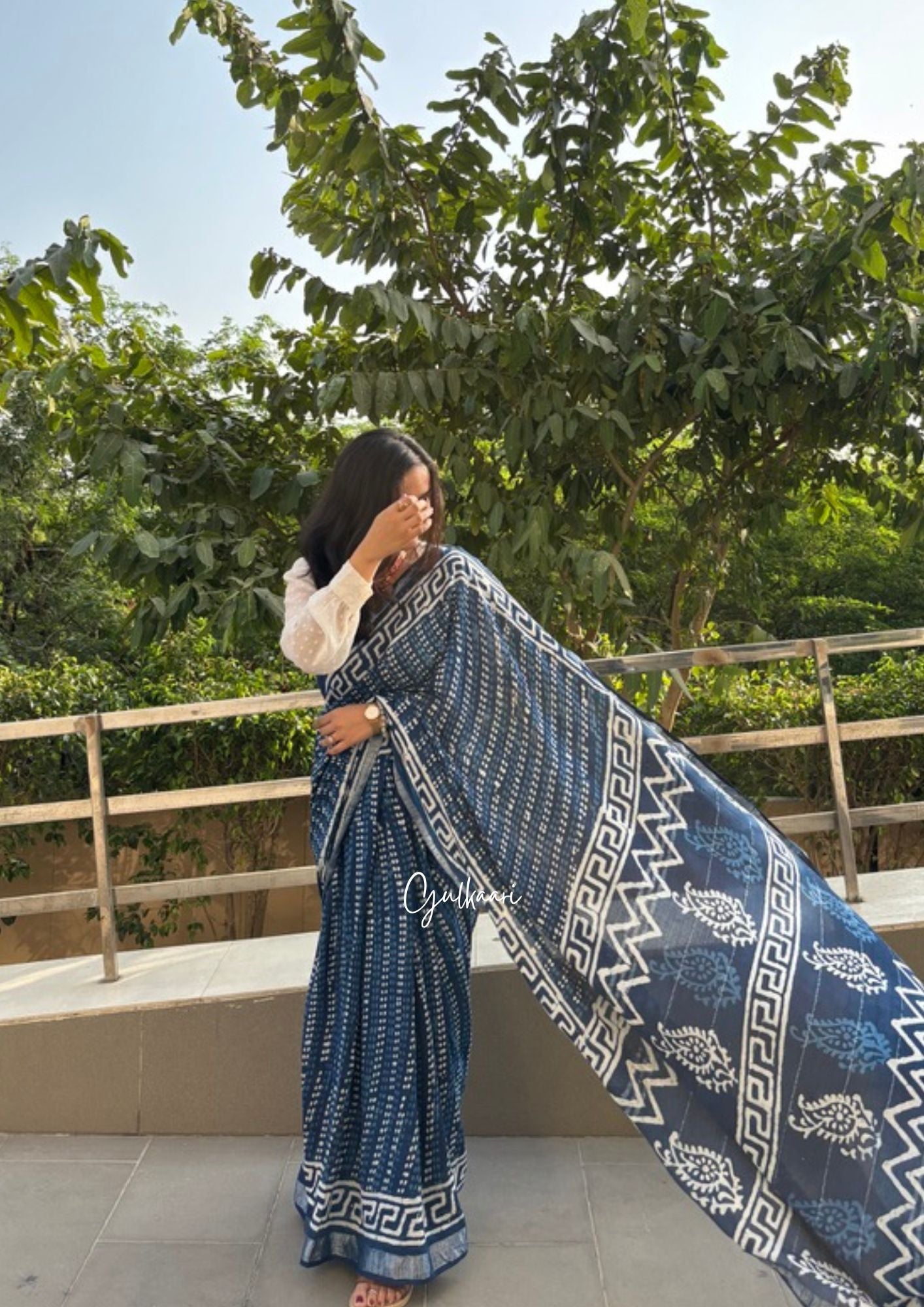 The Indigo Hues - Cotton-Linen Hand-Block Print Saree