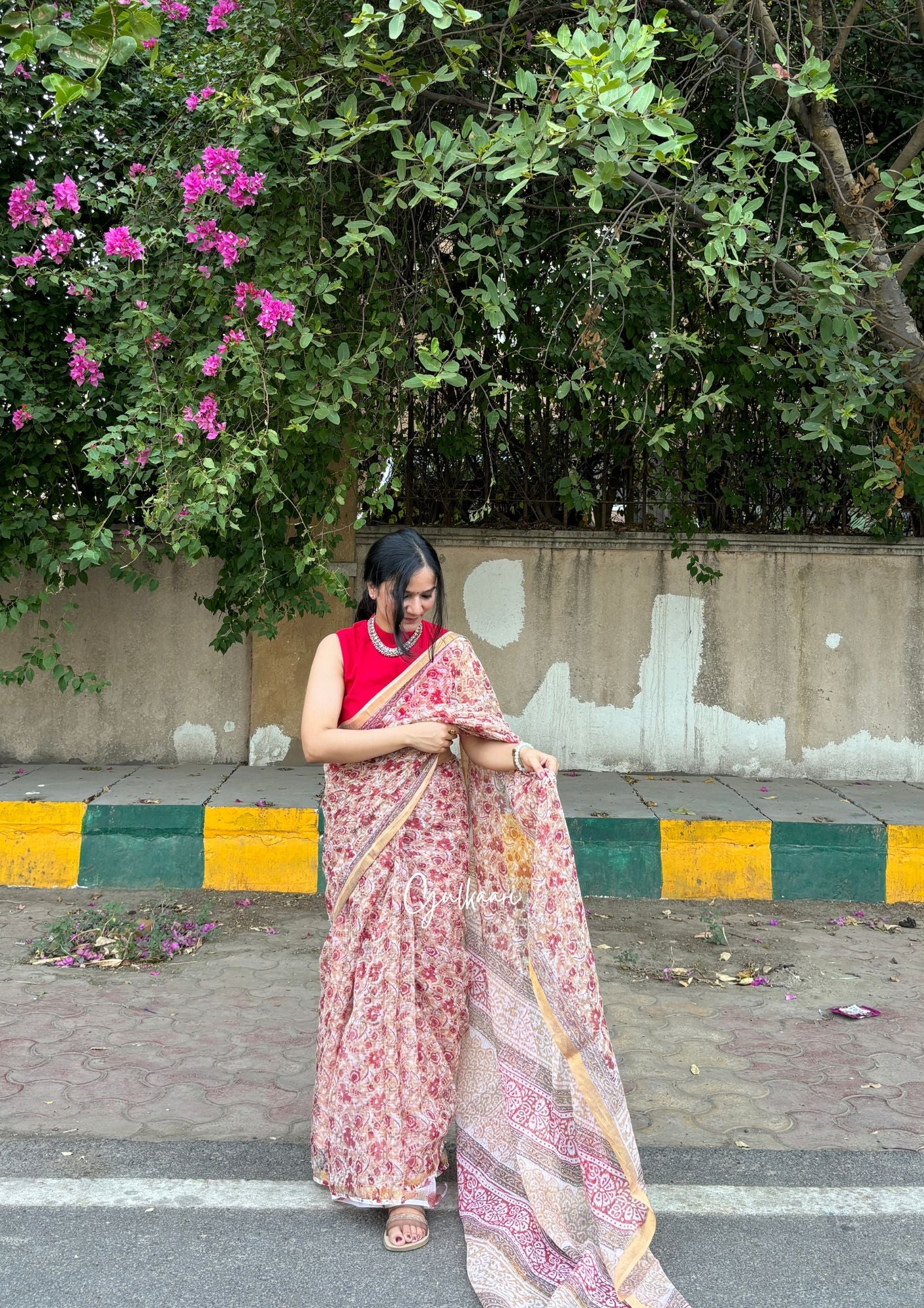 Red hues with beige flowers - Hand-Block Prints Pure Kota Doria Saree
