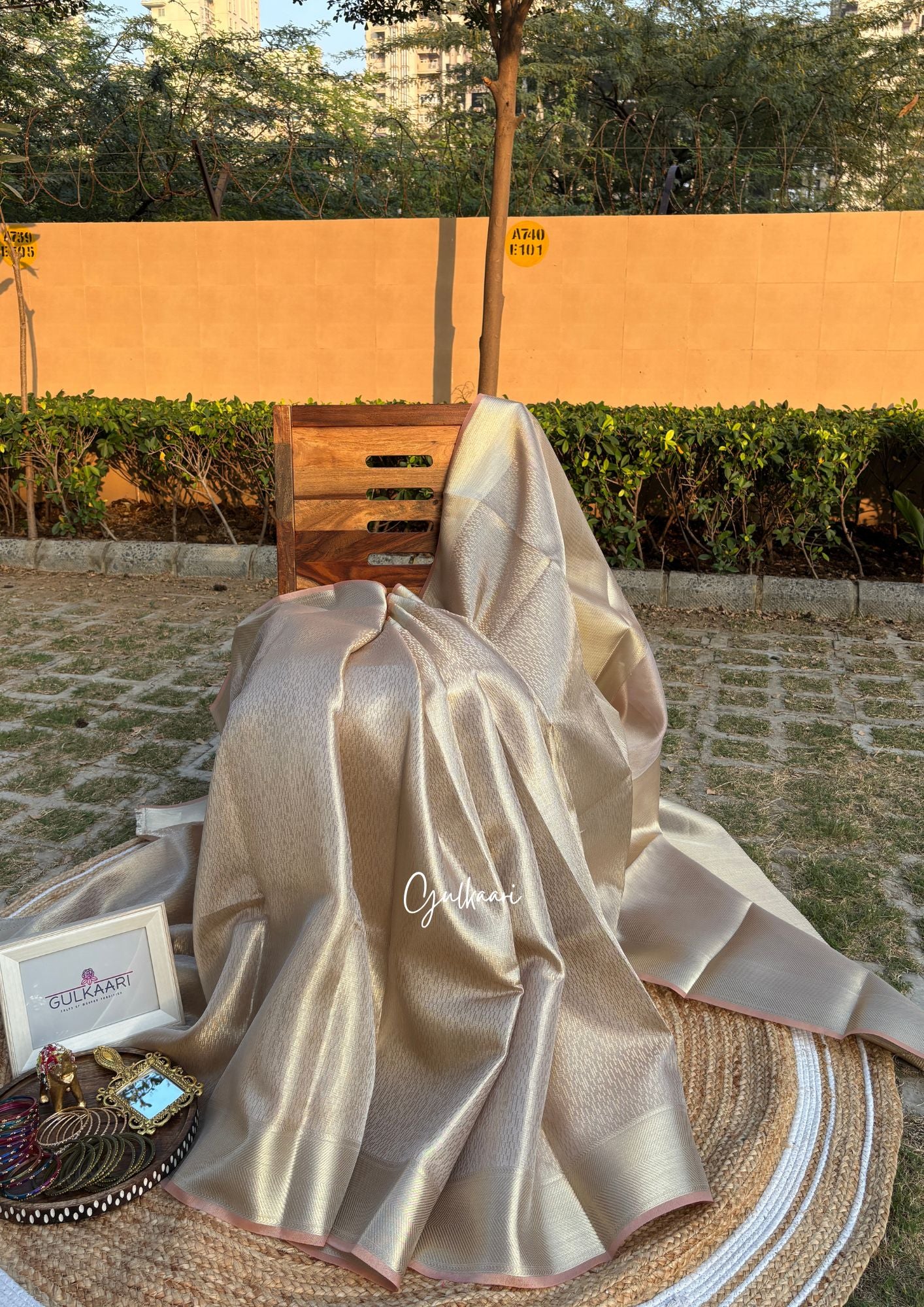 The Peachy Silverish- Tissue Banarasi silk from The Sakhi Collection"