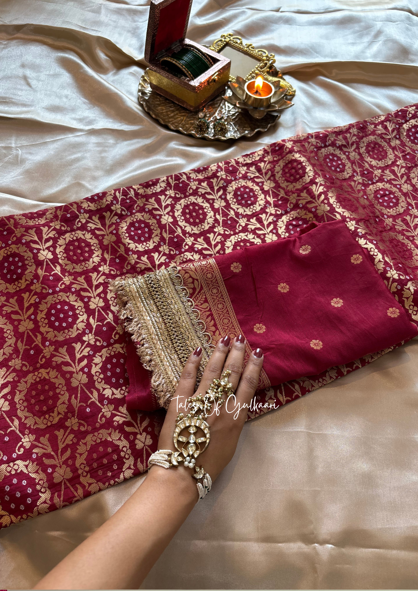 The Noor-E-Bandhej ~ Soft Katan Silk Saree In Maroon with Lace Work