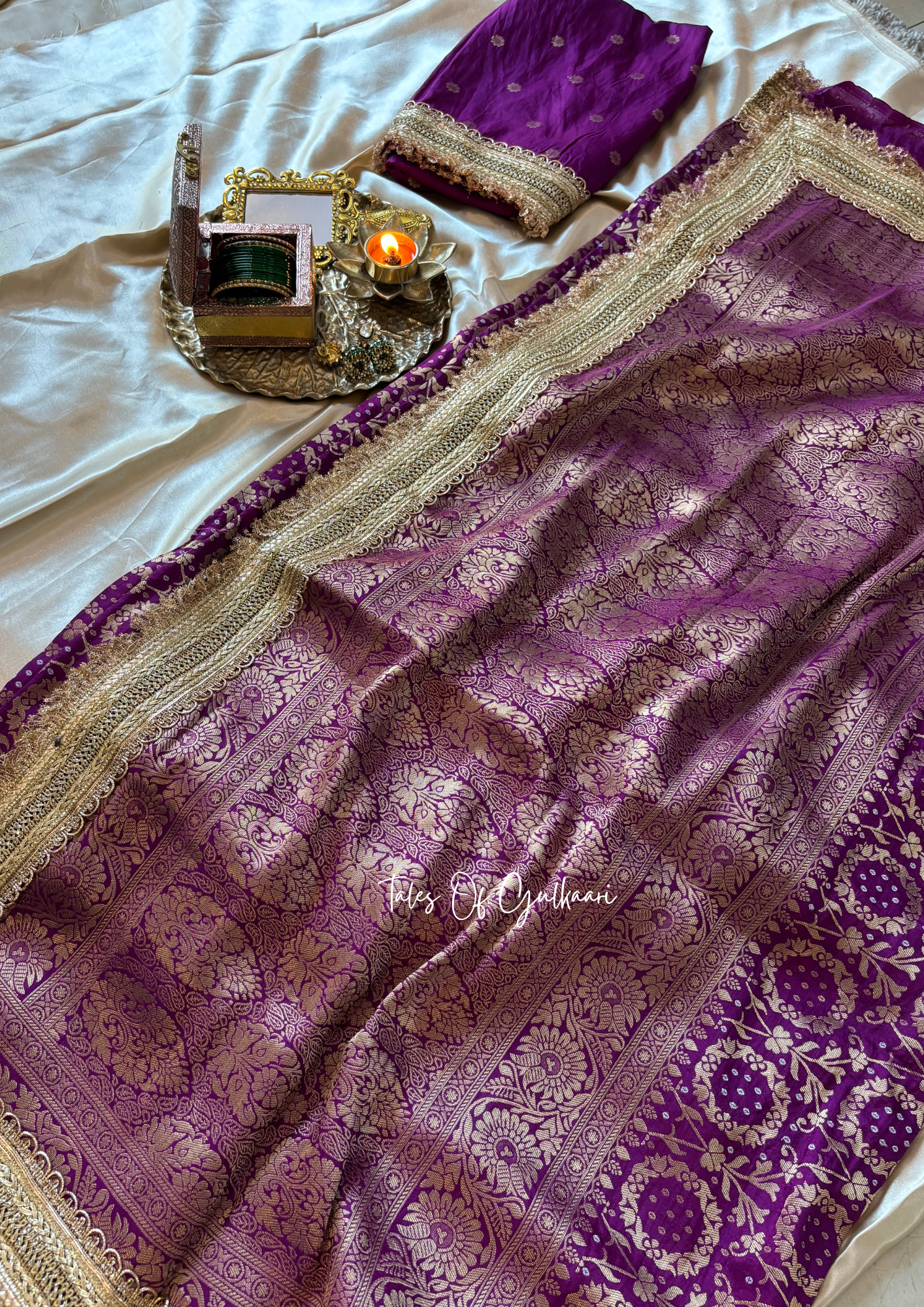 The Noor-E-Bandhej ~ Soft Katan Silk Saree In Purple with Lace Work