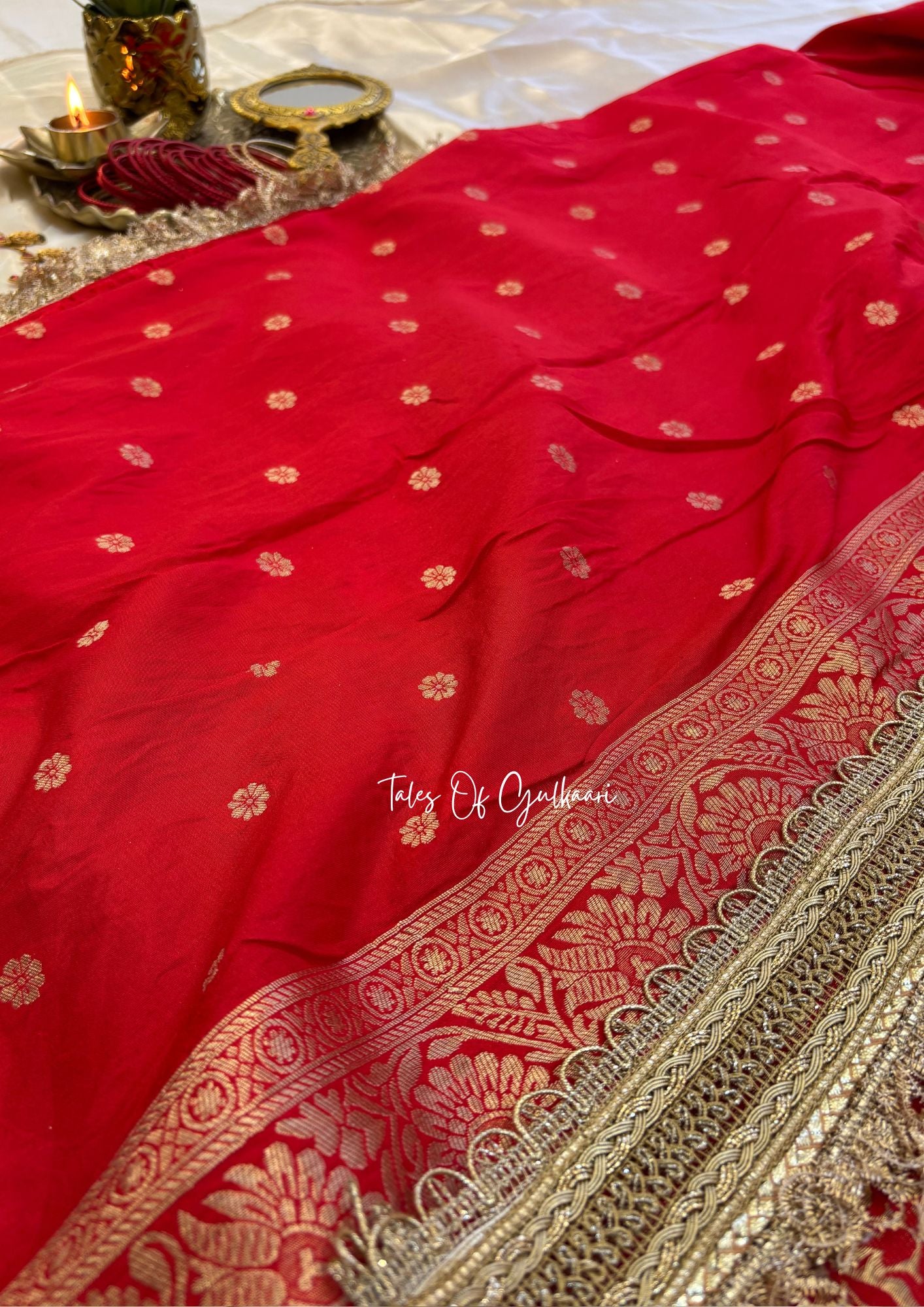 The Noor-E-Bandhej ~ Soft Katan Silk Saree In Red Color with Lace Work
