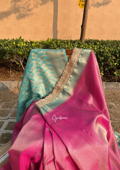 The Pink and Bluish Green Katan Banarasi Silk Nayi-Naveli