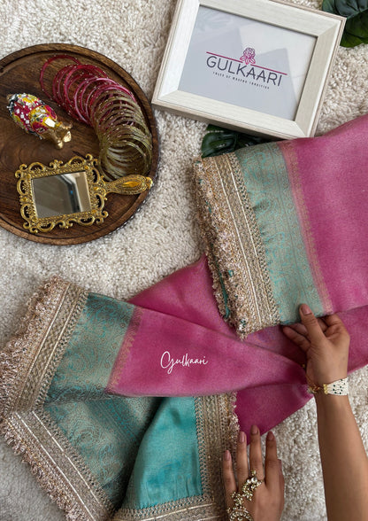 The Pink and Bluish Green Katan Banarasi Silk Nayi-Naveli