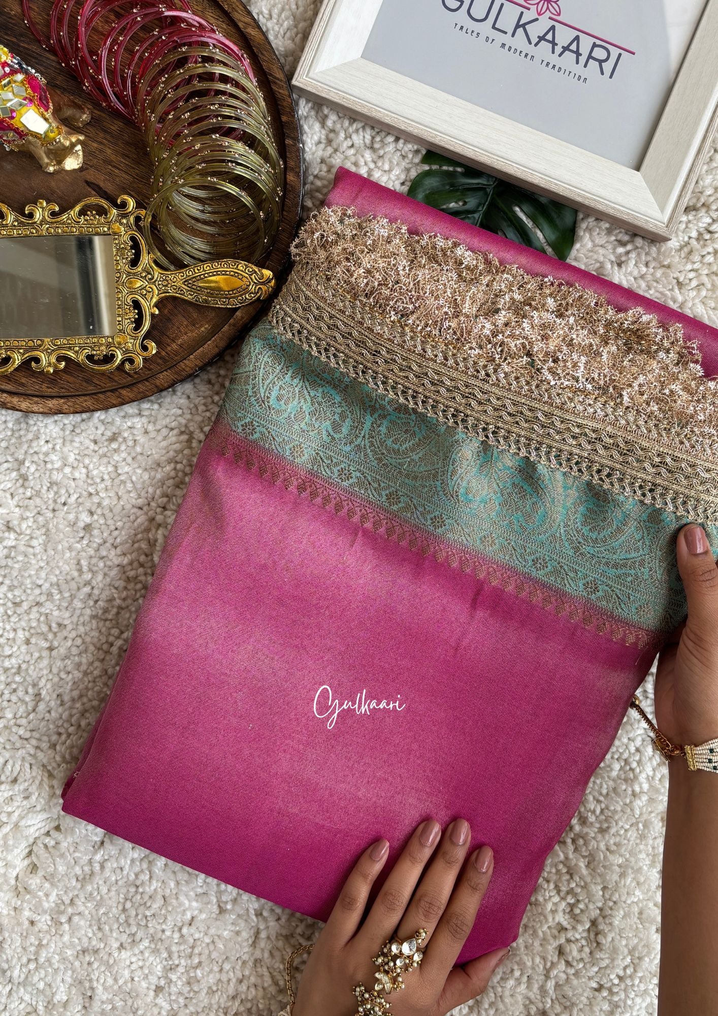 The Pink and Bluish Green Katan Banarasi Silk Nayi-Naveli