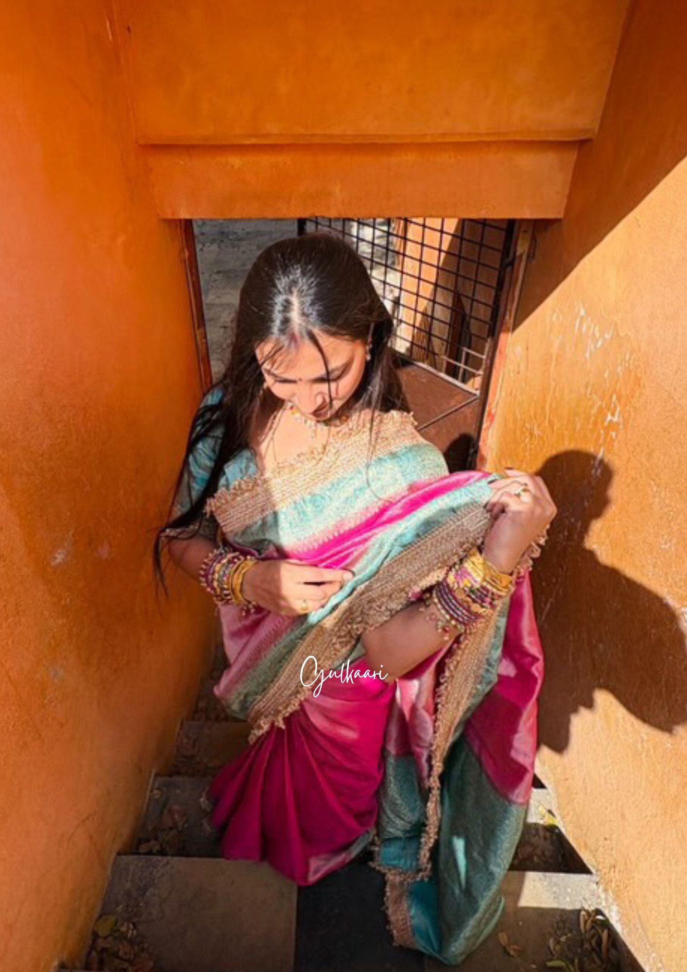 The Pink and Bluish Green Katan Banarasi Silk Nayi-Naveli