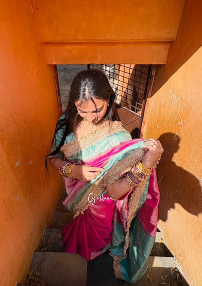 The Pink and Bluish Green Katan Banarasi Silk Nayi-Naveli