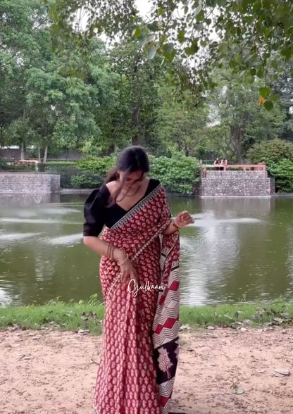 The Red Hansni - Hand-Block Prints Soft Mul Cotton Saree
