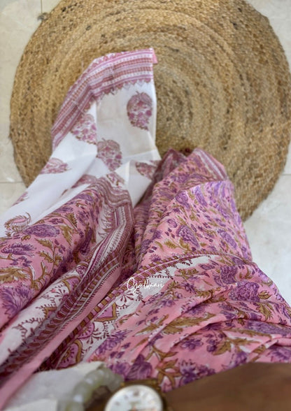 The Pink & White Ruby - Hand-Block Prints Soft Mul Cotton Saree