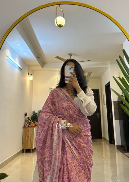 The Pink & White Ruby - Hand-Block Prints Soft Mul Cotton Saree