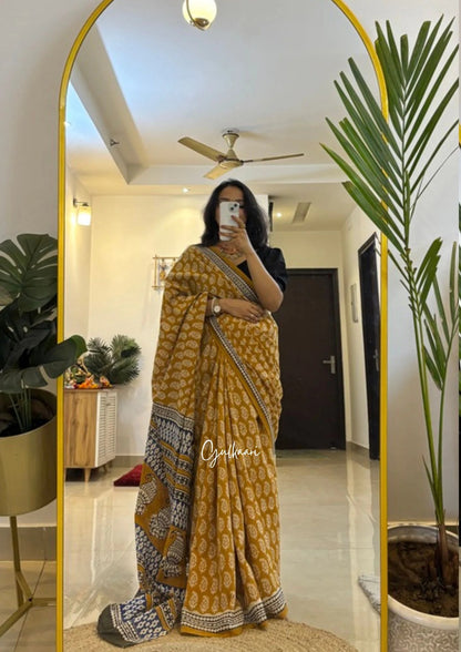The Mustard Flower - Hand-Block Prints Soft Mul Cotton Saree