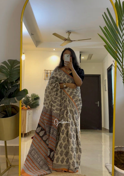 The Orange Fantasy - Hand-Block Prints Soft Mul Cotton Saree