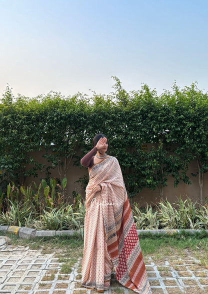 The Beige Bloom - Hand-Block Prints Soft Mul Cotton Saree