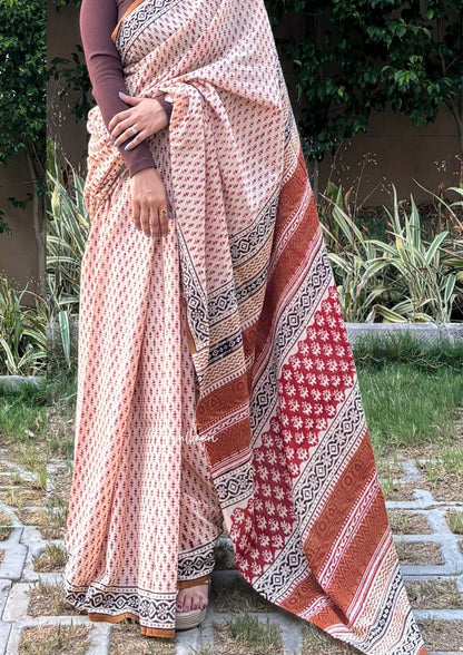 The Beige Bloom - Hand-Block Prints Soft Mul Cotton Saree