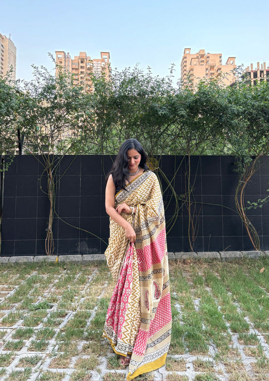 The Beige & Pink - Hand-Block Prints Soft Mul Cotton Saree