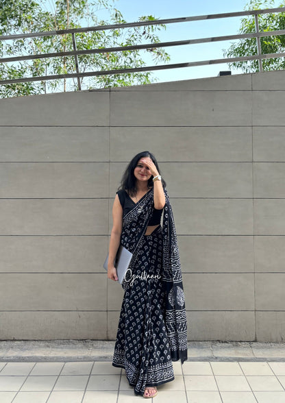 The Black Bloom - Hand-Block Prints Soft Mul Cotton Saree