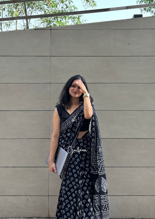 The Black Bloom - Hand-Block Prints Soft Mul Cotton Saree