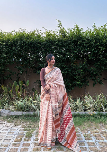 The Beige Bloom - Hand-Block Prints Soft Mul Cotton Saree