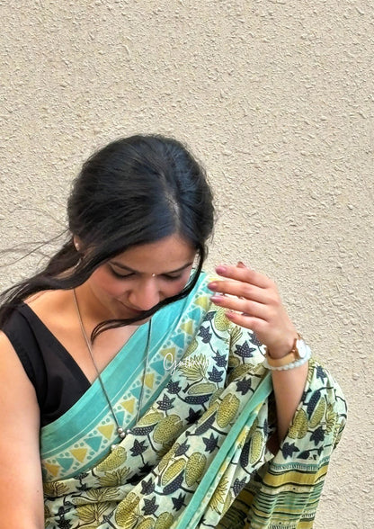 The Green Fantasy - Hand-Block Prints Soft Mul Cotton Saree