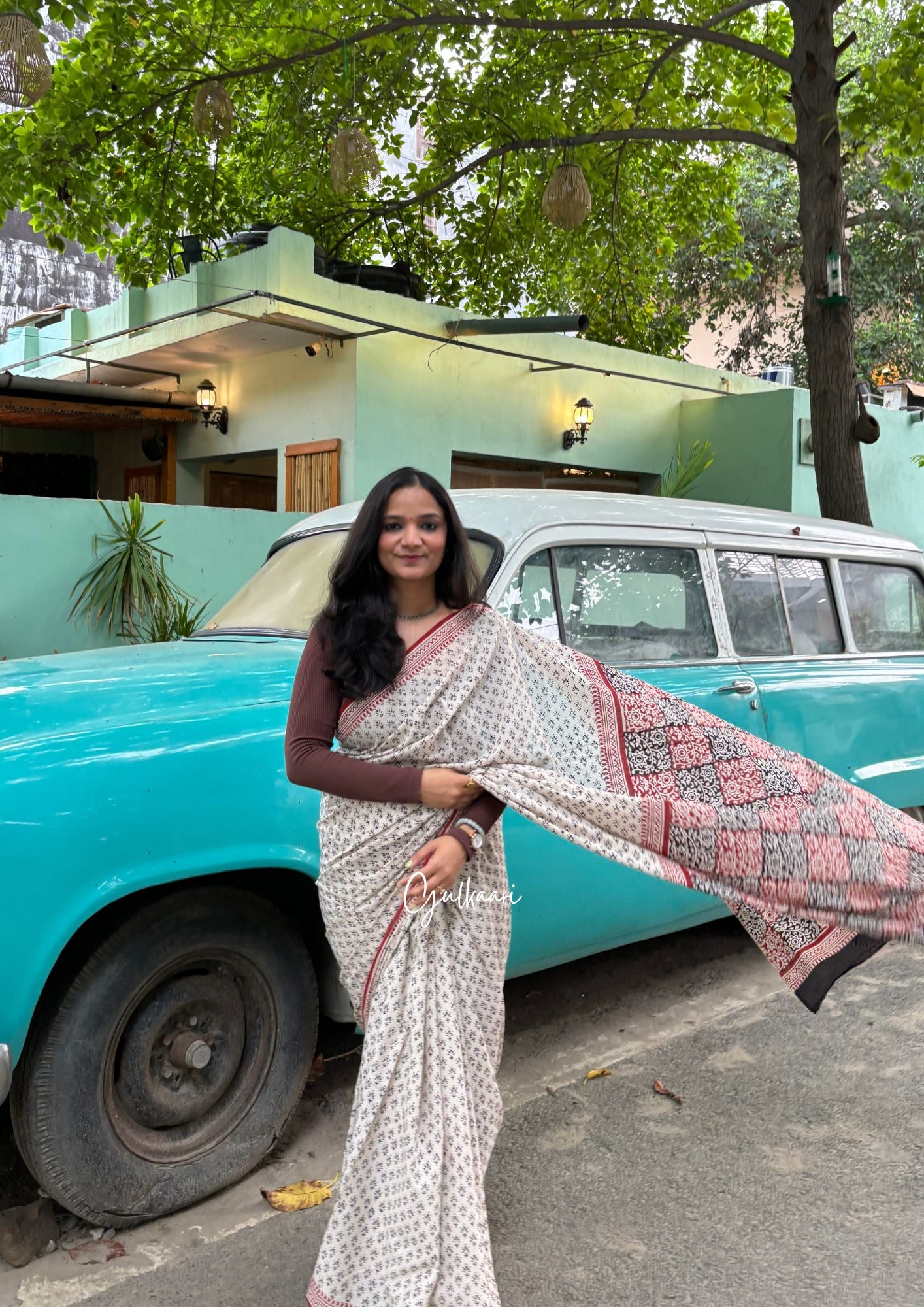 The Black & Beige Flower - Hand-Block Prints Soft Mul Cotton Saree