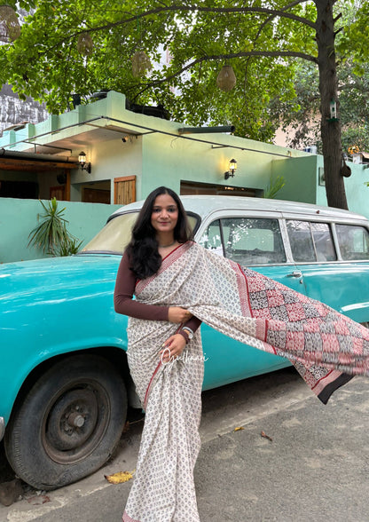 The Black & Beige Flower - Hand-Block Prints Soft Mul Cotton Saree