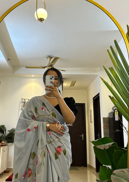 The Soft Grey - Hand-Painted Soft Mul Cotton Saree