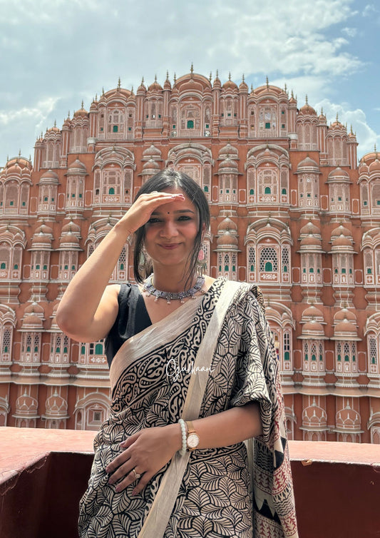The White & Black Bloom - Cotton-Linen Hand-Block Print Saree