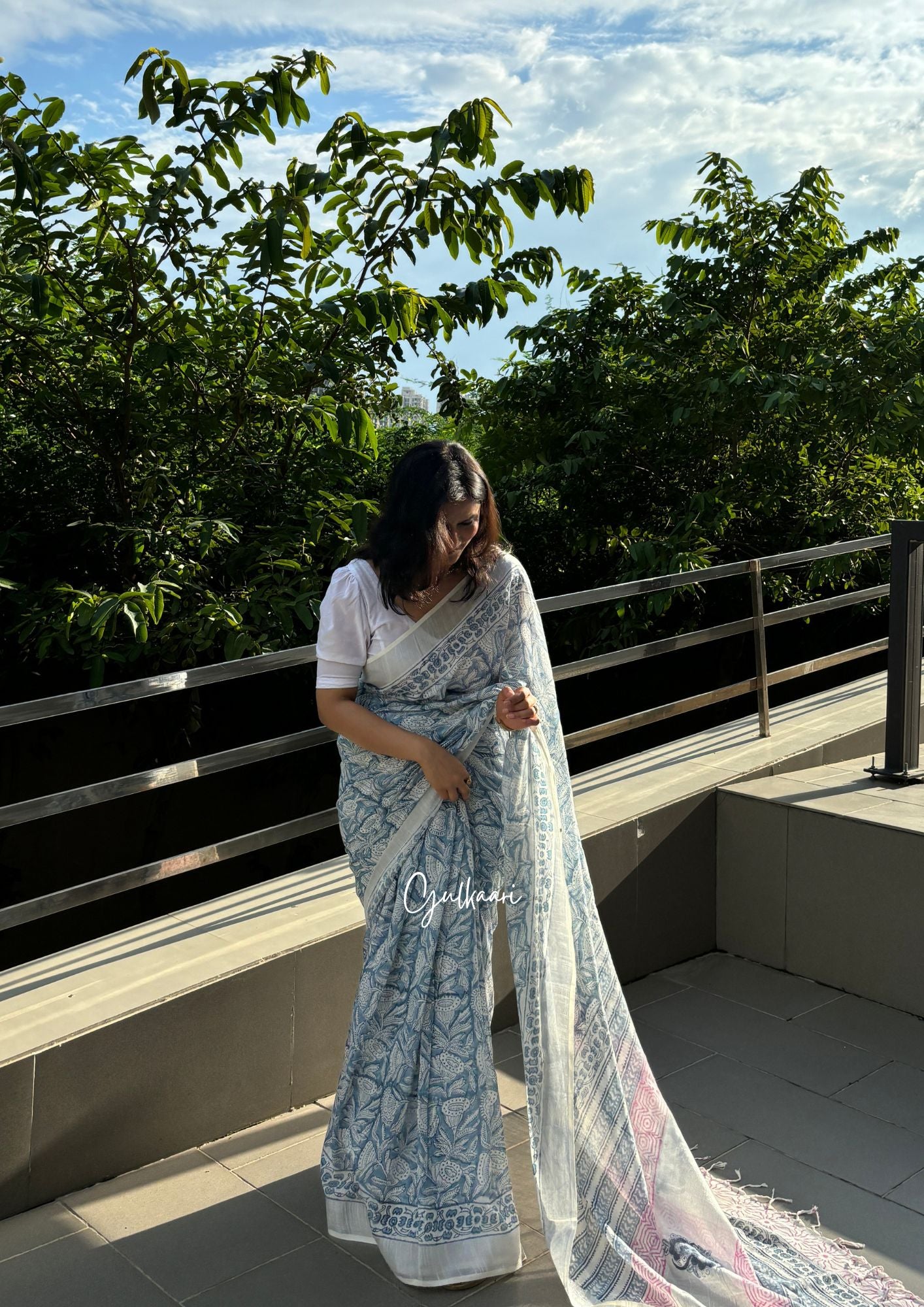 The Sky Blue Shimmer - Cotton-Linen Hand-Block Print Saree