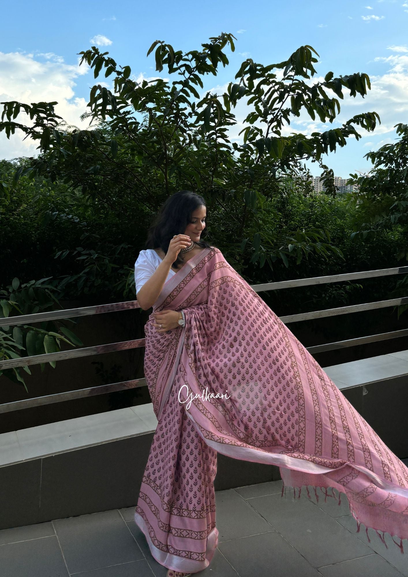 The Pink Hues - Cotton-Linen Hand-Block Print Saree