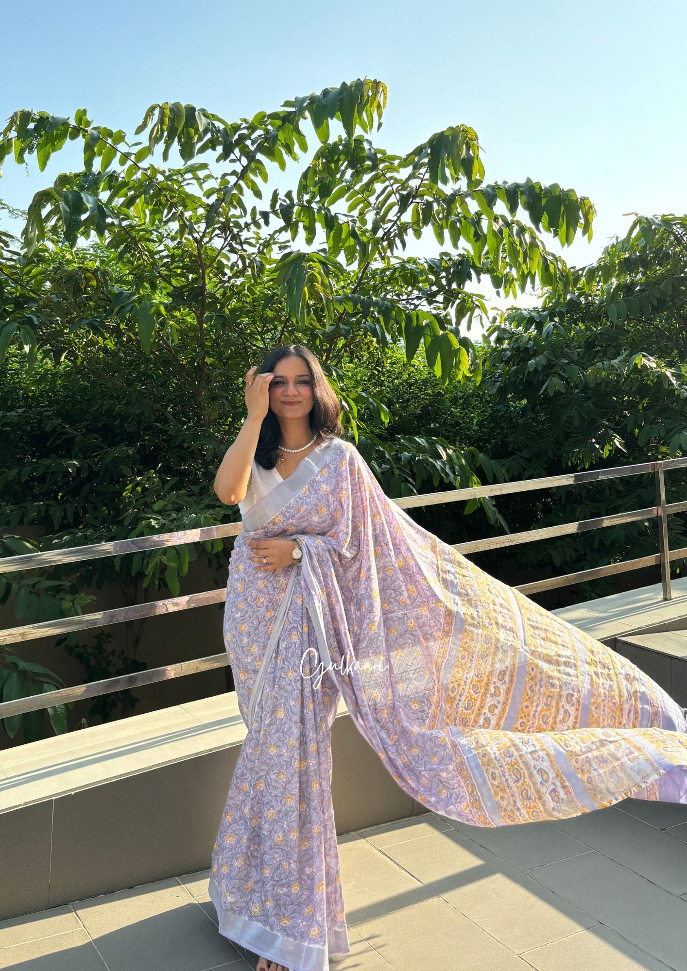 The Soft Lavender Bloom - Cotton-Linen Hand-Block Print Saree