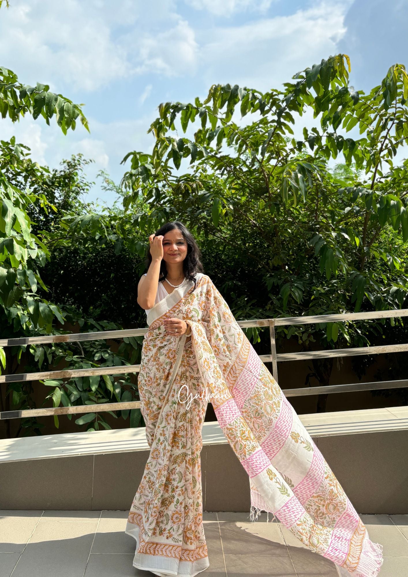 The White Magic - Cotton-Linen Hand-Block Print Saree