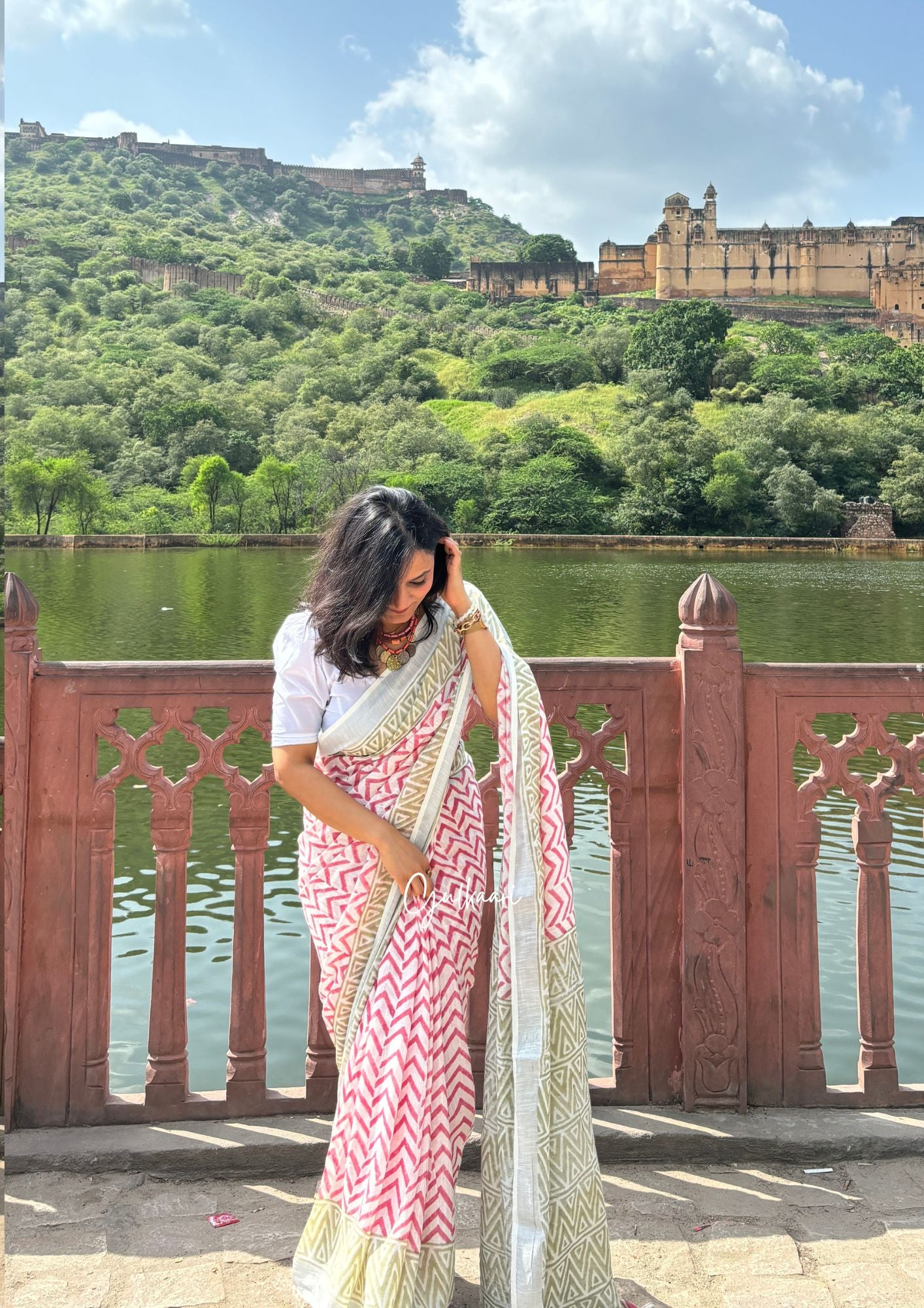 The White Bloom - Cotton-Linen Hand-Block Print Saree