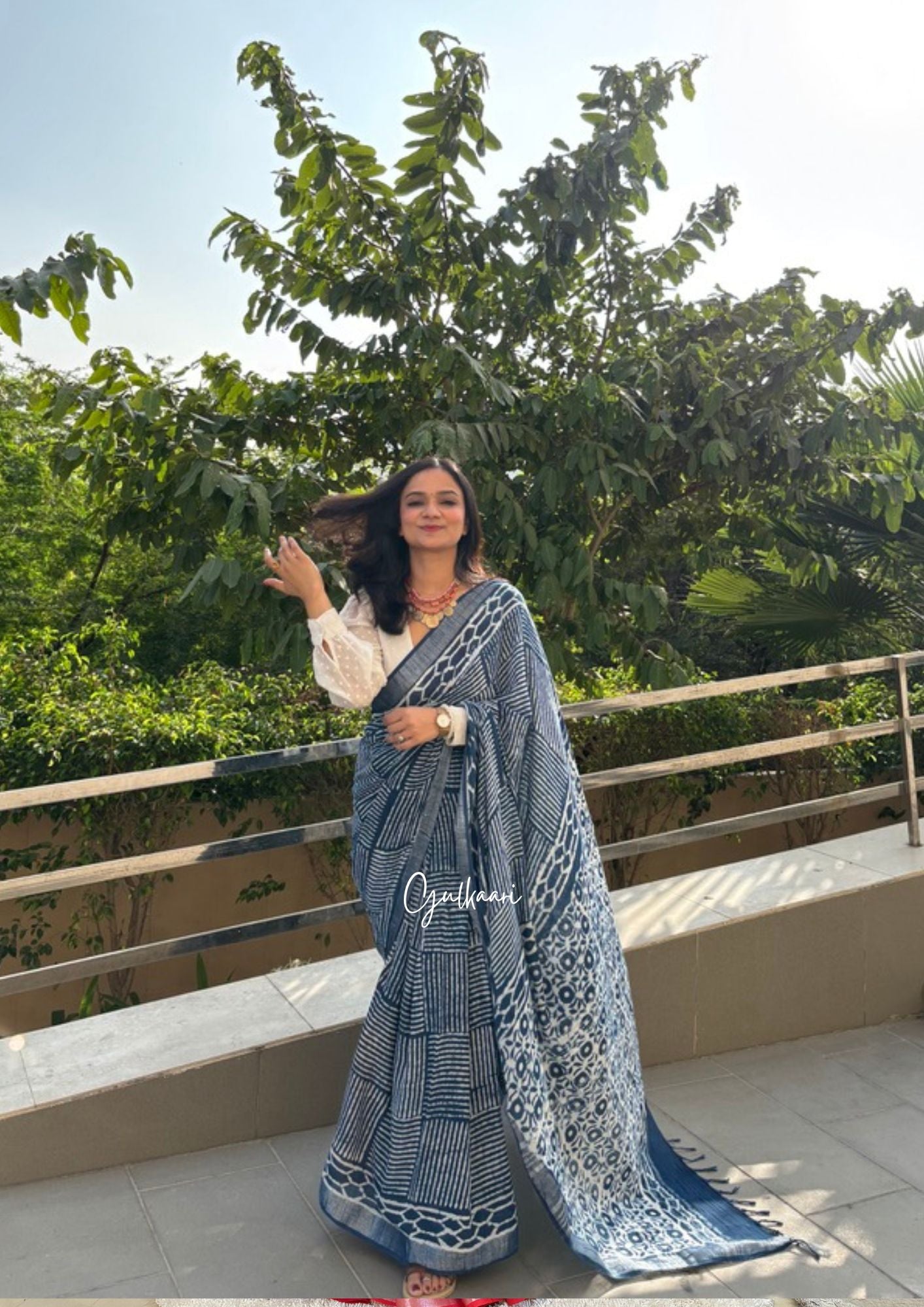 The Indigo Love - Cotton-Linen Hand-Block Print Saree
