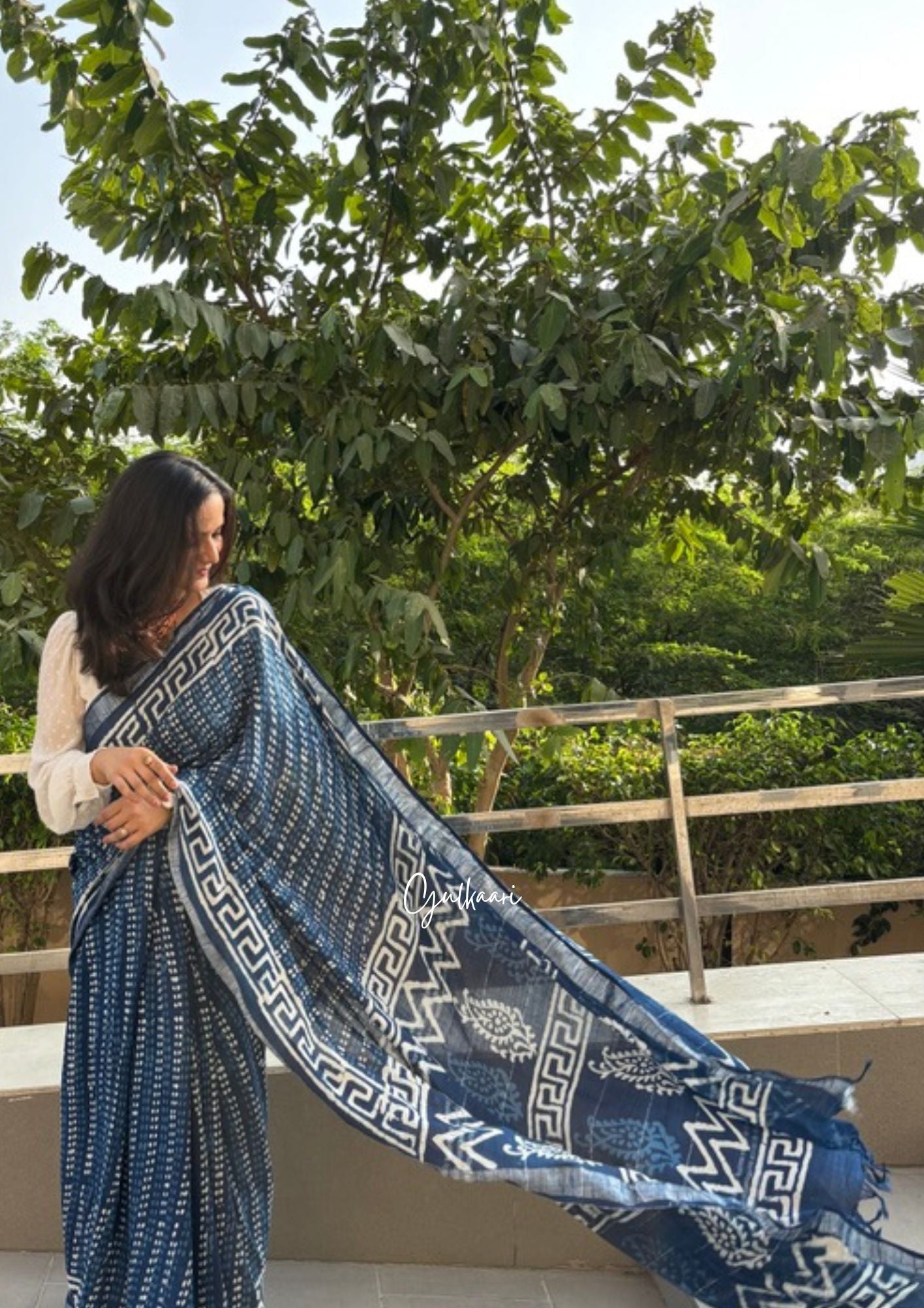 The Indigo Hues - Cotton-Linen Hand-Block Print Saree