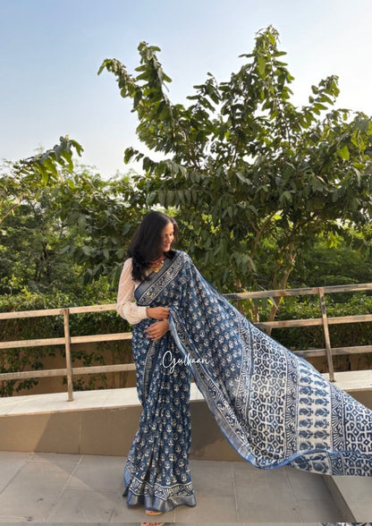 The Indigo Bloom - Cotton-Linen Hand-Block Print Saree