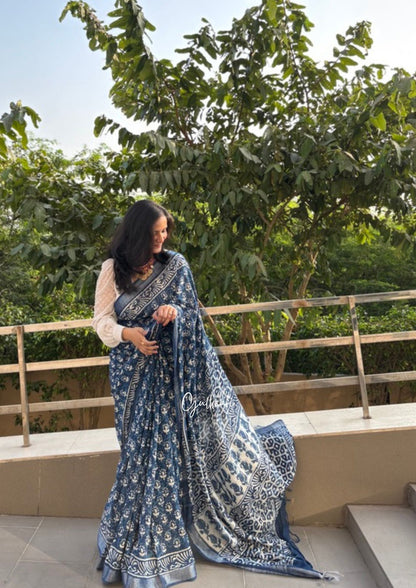 The Indigo Bloom - Cotton-Linen Hand-Block Print Saree