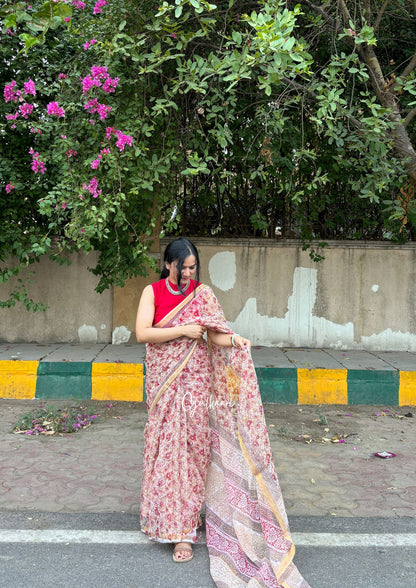 Red hues with beige flowers - Hand-Block Prints Pure Kota Doria Saree