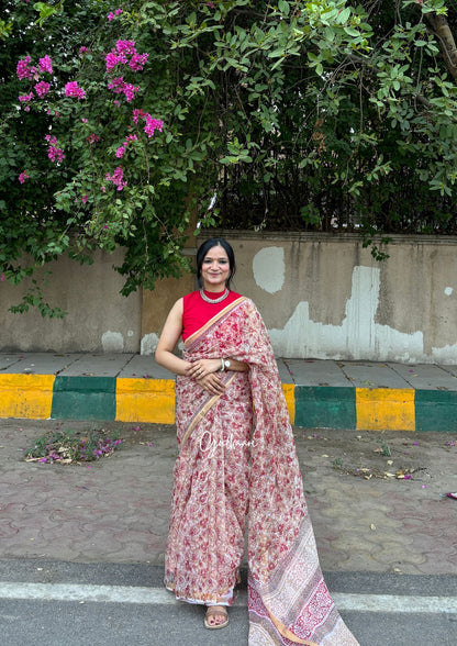 Red hues with beige flowers - Hand-Block Prints Pure Kota Doria Saree