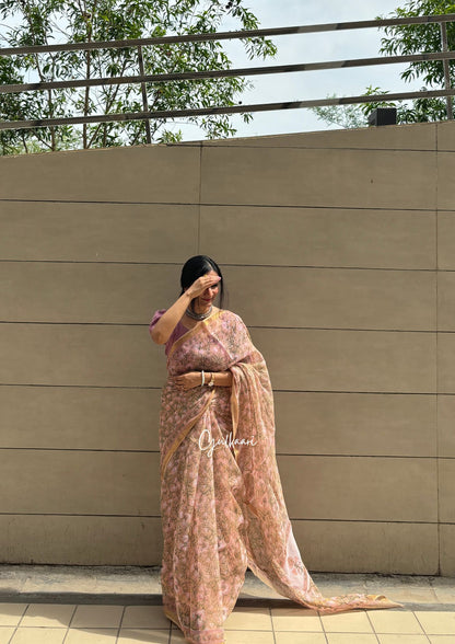 The peachy pink magic- Hand-Block Prints Pure Kota Doria Saree