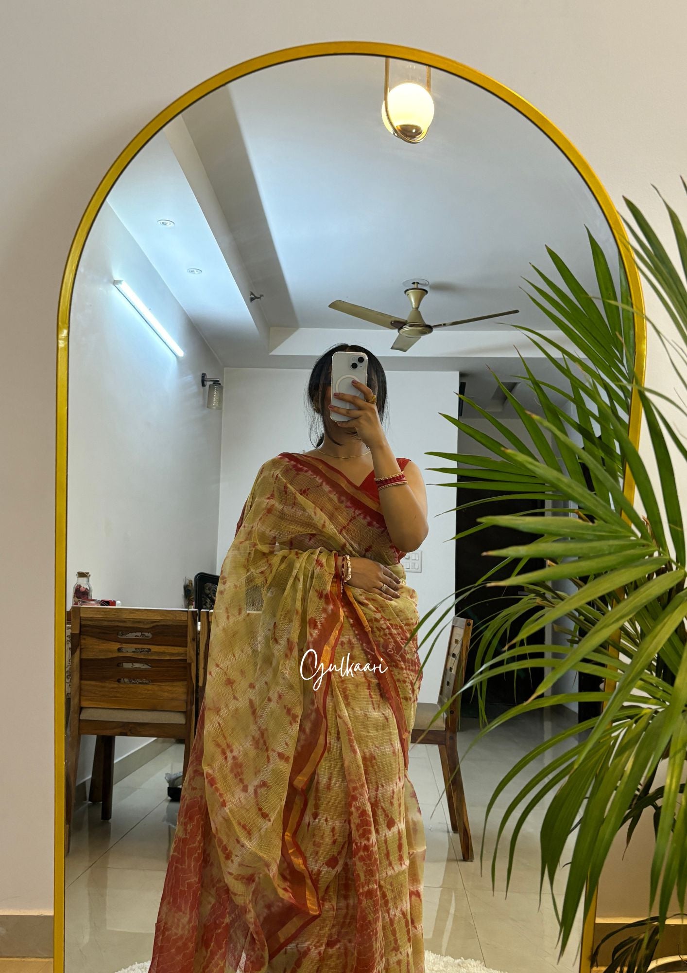 The Tie-Die Mint Green & Orange- Hand-Block Prints Pure Kota Doria Saree