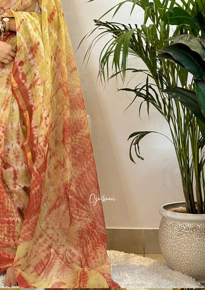 The Tie-Die Mint Green & Orange- Hand-Block Prints Pure Kota Doria Saree