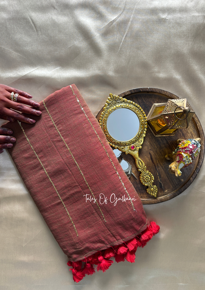 The Red & Greenish dual Tone -Sequinned Mulmul Cotton Saree