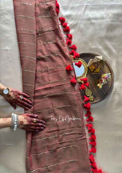 The Red & Greenish dual Tone -Sequinned Mulmul Cotton Saree