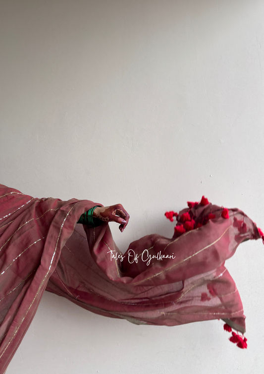 The Red & Greenish dual Tone -Sequinned Mulmul Cotton Saree