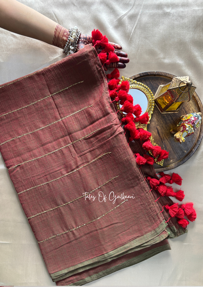 The Red & Greenish dual Tone -Sequinned Mulmul Cotton Saree