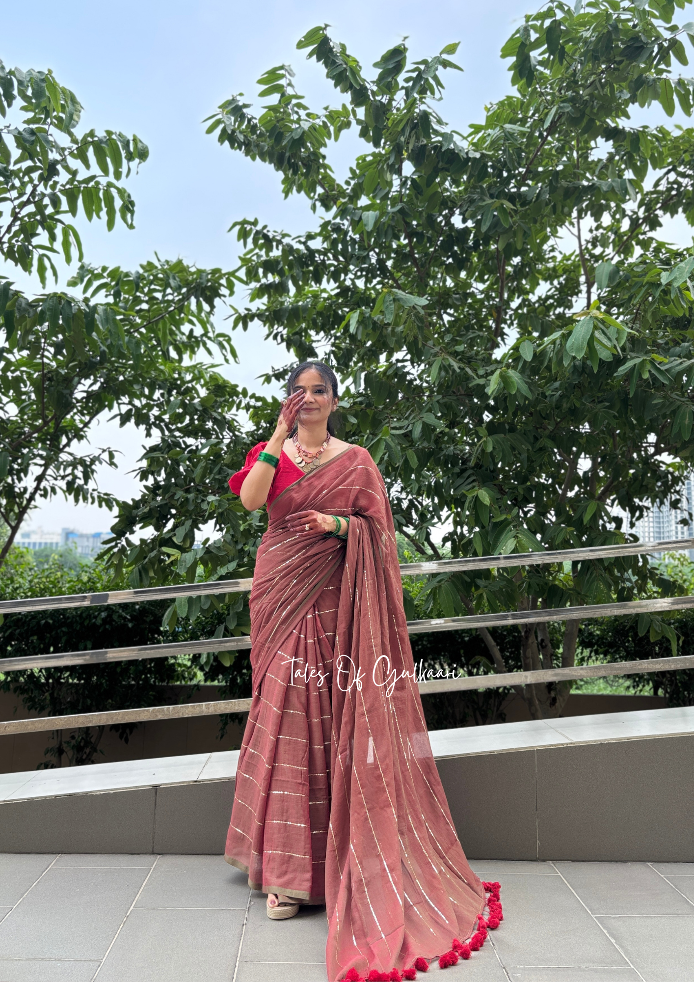 The Red & Greenish dual Tone -Sequinned Mulmul Cotton Saree